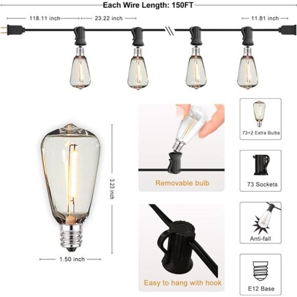 Outdoor String Lights 150 FT Patio Lights String with 75 Dimmable ST38 Plastic - Picture 6 of 7